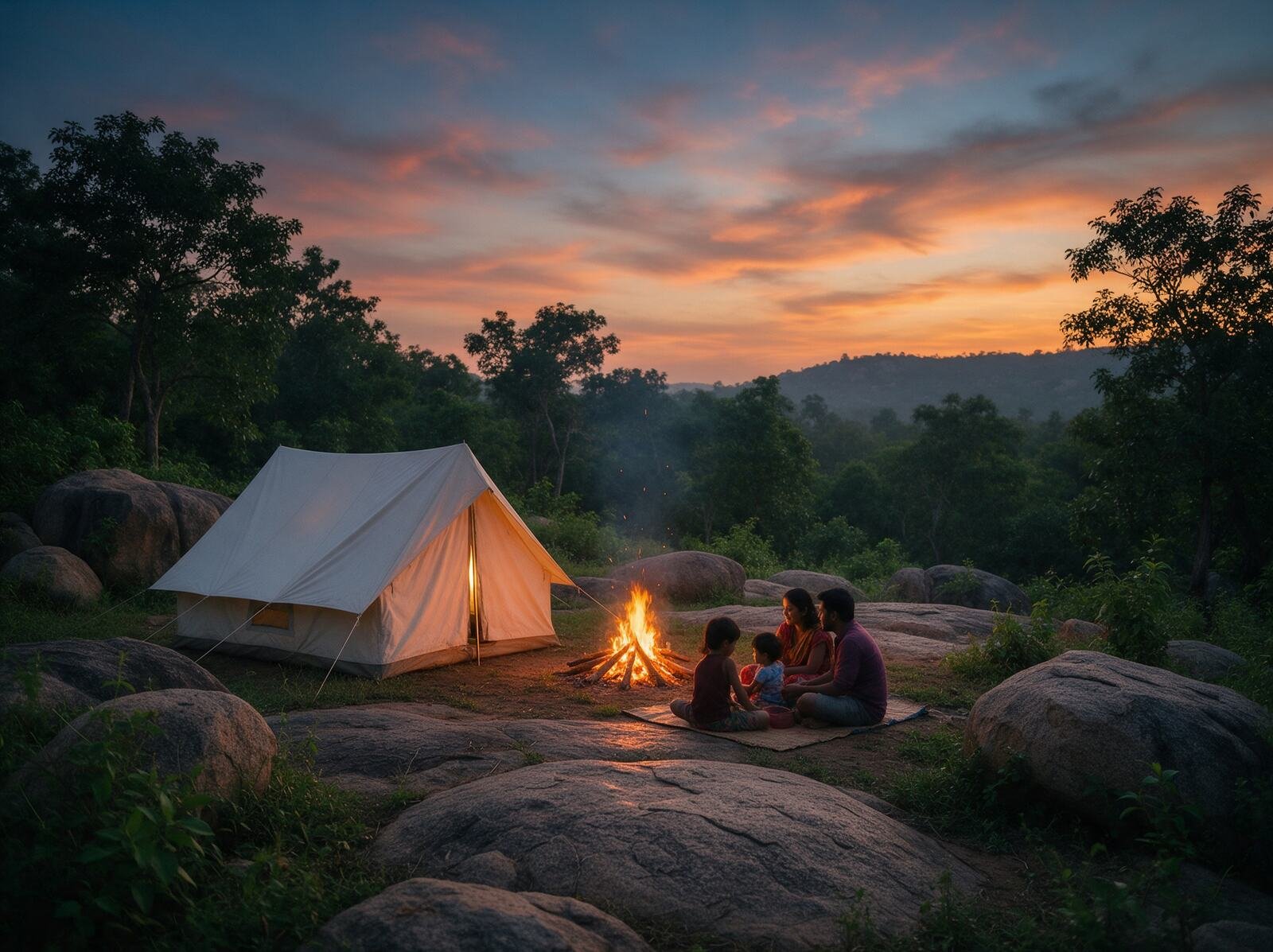 Family camping among boulders